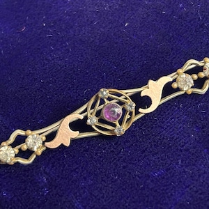 Antique Edwardian 9k Gold Amethyst and Rhinestone Bar Pin Brooch 3” Art Jewelry