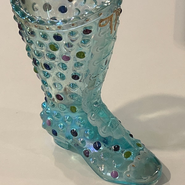 Vintage Fenton Glass Hobnail Iridescent Turquoise Boot  Hand Painted by M. Nutter Signed Tiny Chip