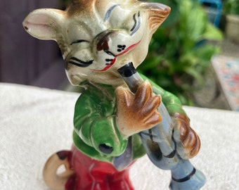 Vintage 1950s Ceramic Tan Red Green Cat Playing Trumpet Cat Knickknack Kitschy Anthropomorphic Musician Cat Vtg Musicians Gift