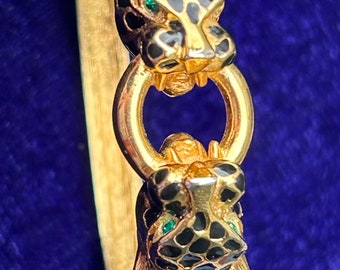 Vintage Double Leopard Cuff Bracelet w Brilliant Green Crystal Eyes Crazy Wild Animal Medieval Heraldry Jewelry Pristine Elusive Rare Beauty