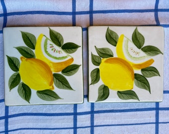 2 Vintage Williams-Sonoma Meyer Lemon Trivets Tiles Laurie Gates Design 1999 Green White Yellow Kitchen