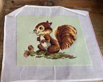 Vintage Finished Cute Squirrel w Acorn Needlepoint Tapestry Needs Frame or Made Into Cute Pillow Nature themed room Animal Lovers Gift