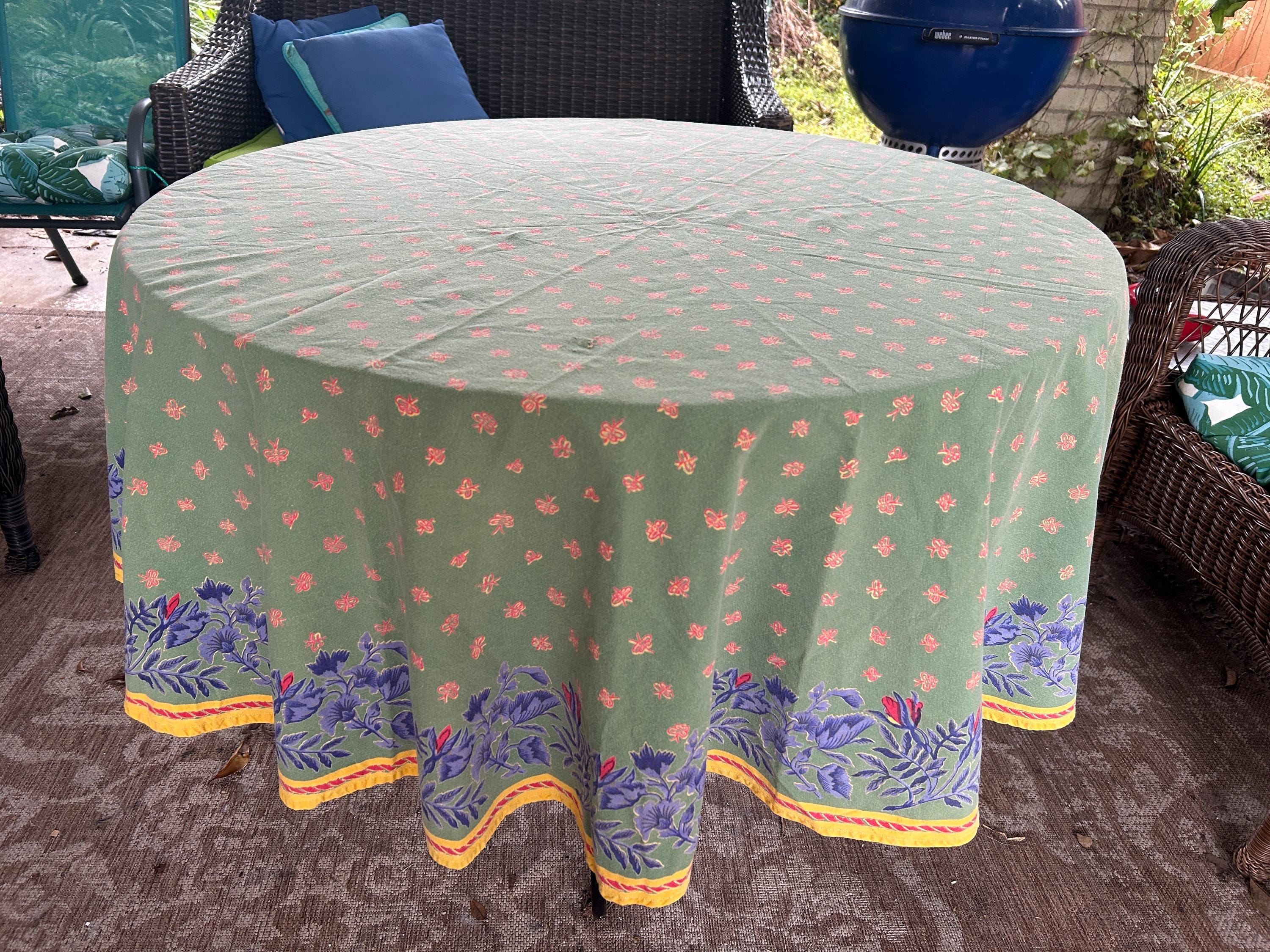 Vtg 70” Round Williams Sonoma Table Cloth - Olive, Red, Blue, Yellow Block Print Floral Table Cloth