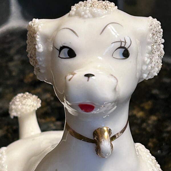 Vtg 1950’s Japan Porcelain Spaghetti Poodle Dog Figurine 4.75” Tall Super Cute Faced Kitschy Granny Chic Poodle