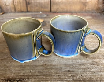 Pair Don Herron Handmade Pottery Mugs Ice Blue Drip, signed Artistry, Beautiful!