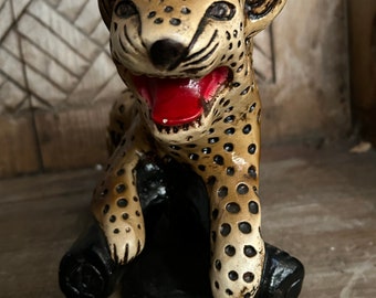 Charming Vintage Hand Painted Leopard Figurine Marked Mexico 12" Head to Tail Snarling Leopard Figure Nature Safari Adorable Animal Decor