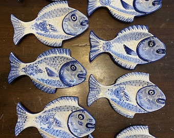Set of 8 Vestal Fish Plates Made in Portugal 1204 hand painted blue white nautical vintage fish plates 8.75” x 5.5”
