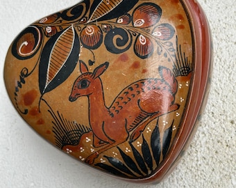 Signed Vintage Tonala Trinket Dish w lid. Hand Painted Cinnamon Lounging Deer - Heart Shaped Box Made in Mexico, Artist Signed A. Mateos, N.