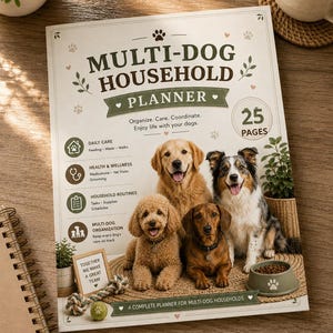 以下が含まれることがあります： 25ページの多頭飼育世帯向けプランナー。表紙には4匹の犬、日々のケア・健康・ルーチンを示すアイコン、および「Together we make a great team」というテキストが記載されています。食事、水、散歩、投薬、獣医の診察、グルーミング、タスク、備品、スケジュールを管理するためのセクションが含まれています。