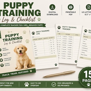 May include: A puppy training log and checklist in a spiral-bound format, featuring a golden puppy image and text including Puppy Training Log & Checklist, Daily Training Log, Potty Training Tracker, and Behavior Tracker, sized at 21.59 cm by 27.94 cm.
