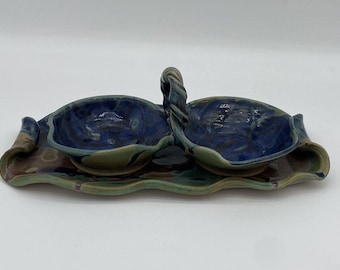 Pottery Serving Tray Set Blue Green Twisted Handle