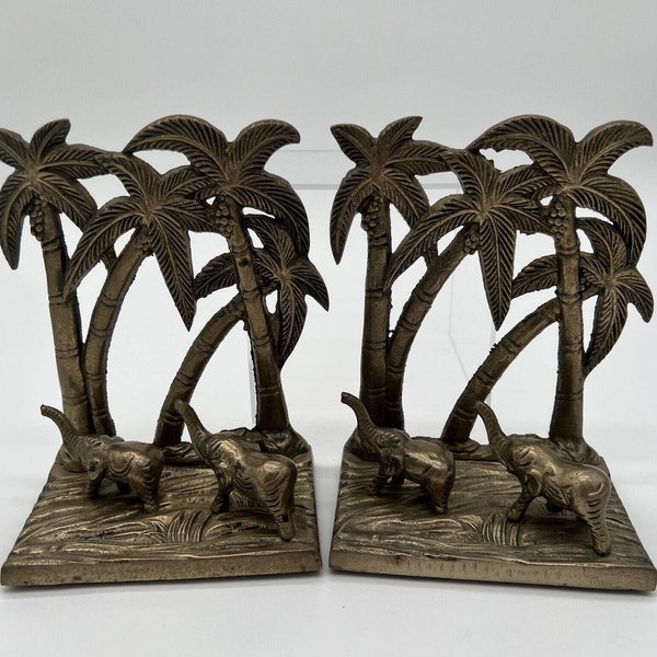 Vintage Brass Elephant With Palm Trees bookends