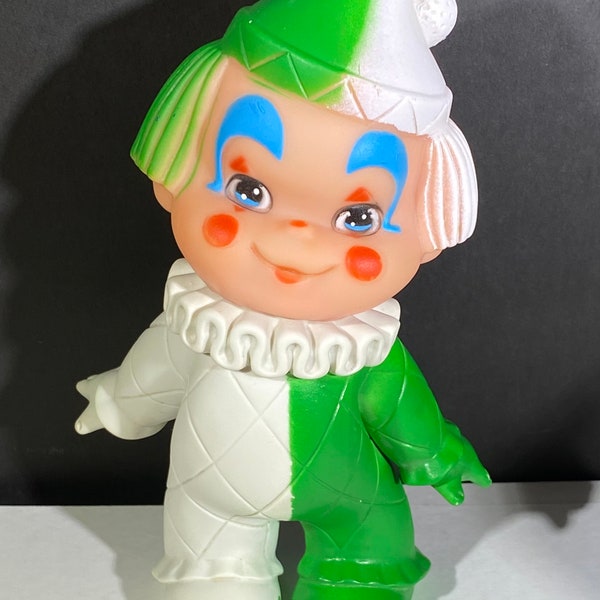 Vintage 6.5” Clown Squeaky Squeeze Toy Rubber Doll Taiwan 50s 60s Green White