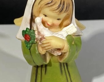VTG Hong Kong Anri or Hummel Style LIL Angel With Birds Ornament doves Holly Olive Green