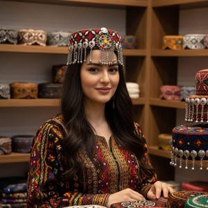 Puede incluir: Una mujer lleva un tocado tradicional con intrincados adornos de plata y joyas. El tocado es rojo, verde y plateado. Lleva un vestido bordado de manga larga en tonos rojos, negros y dorados. Estanterías detrás de ella exhiben varios sombreros decorados.