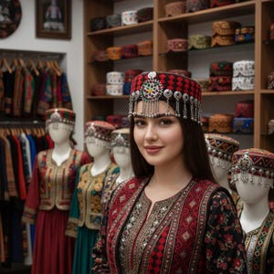 Op de afbeelding: Een vrouw draagt een traditionele rood-zwarte geborduurde outfit en hoofdtooi. De hoofdtooi is versierd met zilverkleurige versieringen. Mannequins in vergelijkbare outfits staan op de achtergrond, samen met planken met hoeden en kleding.
