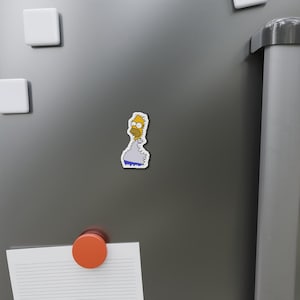 May include: A yellow cartoon character with spiky hair and a white shirt is looking to the right. The character is standing on a white background.