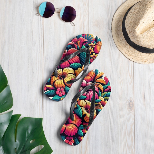 Vibrant Tropical Floral Flip Flops - Colorful Summer Sandals for Women - Exotic Flower Print