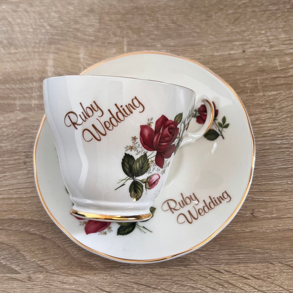 Vintage Argyle Personalized Wedding Teacup And Saucer | Handpainted Ruby Tea Set With Roses