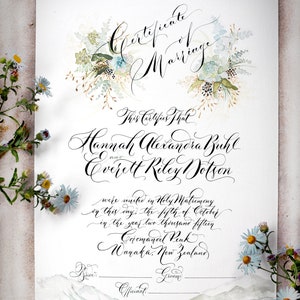 Benutzerdefinierte Hochzeitsurkunde, Gartenparty, Sie wählen Farbe, Kalligraphie, Floral, Heiratsurkunde, Heiratsurkunde