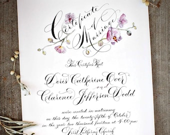 Marriage Certificate, Wedding Certificate, Custom Calligraphy, Watercolor Design
