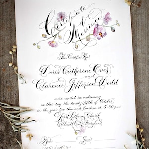 Marriage Certificate, Wedding Certificate, Custom Calligraphy, Watercolor Design image 1