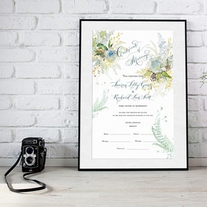 Heiratsurkunde, Benutzerdefinierte Kalligraphie, Benutzerdefinierte Hochzeits-Urkunde, Zertifikat-Druck, Botanische Hochzeit, Sukkulenten, Gartenhochzeit,