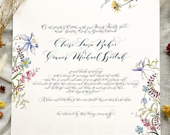 Puede incluir: Un certificado de boda blanco con elegante caligrafía negra e ilustraciones florales en acuarela a los lados. El texto incluye los nombres Claire Luisa Baker y Connor Michael Szostak, con secciones de líneas para las firmas al pie.
