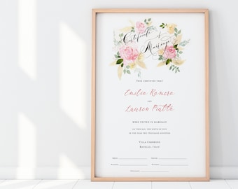 Marriage Certificate, Wedding Certificate, Wedding Document, Pink Wedding, Botanical Marriage, Watercolor, Garden Wedding, Calligraphy