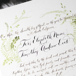Individuelle Heiratsurkunde, Hochzeitsurkunde, Quäker Hochzeit, Quäker Urkunde, Heiratsandenken, handgemacht, Aquarell, Kalligraphie