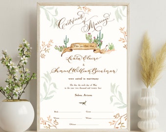 Wedding Certificate, Marriage Certificate, Cactus, Desert Wedding, Southwest, Cowgirl, Watercolor, Calligraphy, 2024