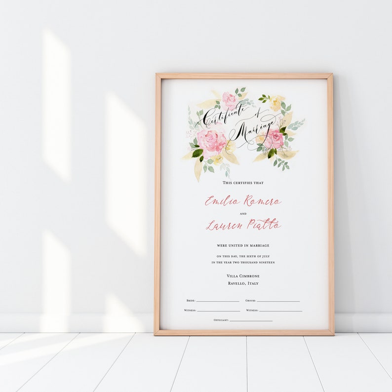 Marriage Certificate, Wedding Certificate, Pink Wedding, Keepsake, Pink Roses, Watercolor, Garden Wedding, Calligraphy, Ketubah, Quaker image 1