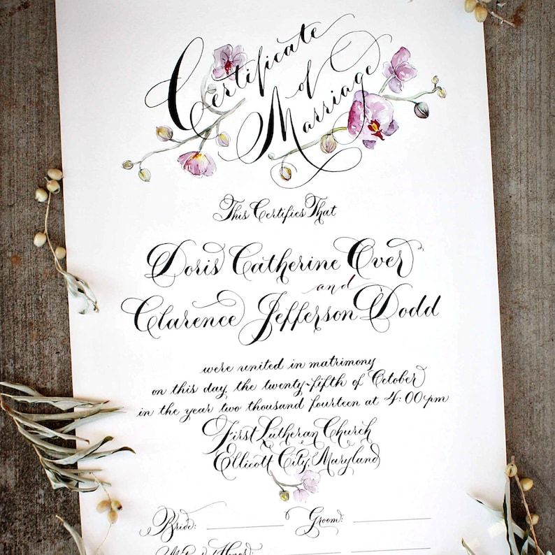 Marriage Certificate, Wedding Certificate, Custom Calligraphy, Watercolor Design image 1