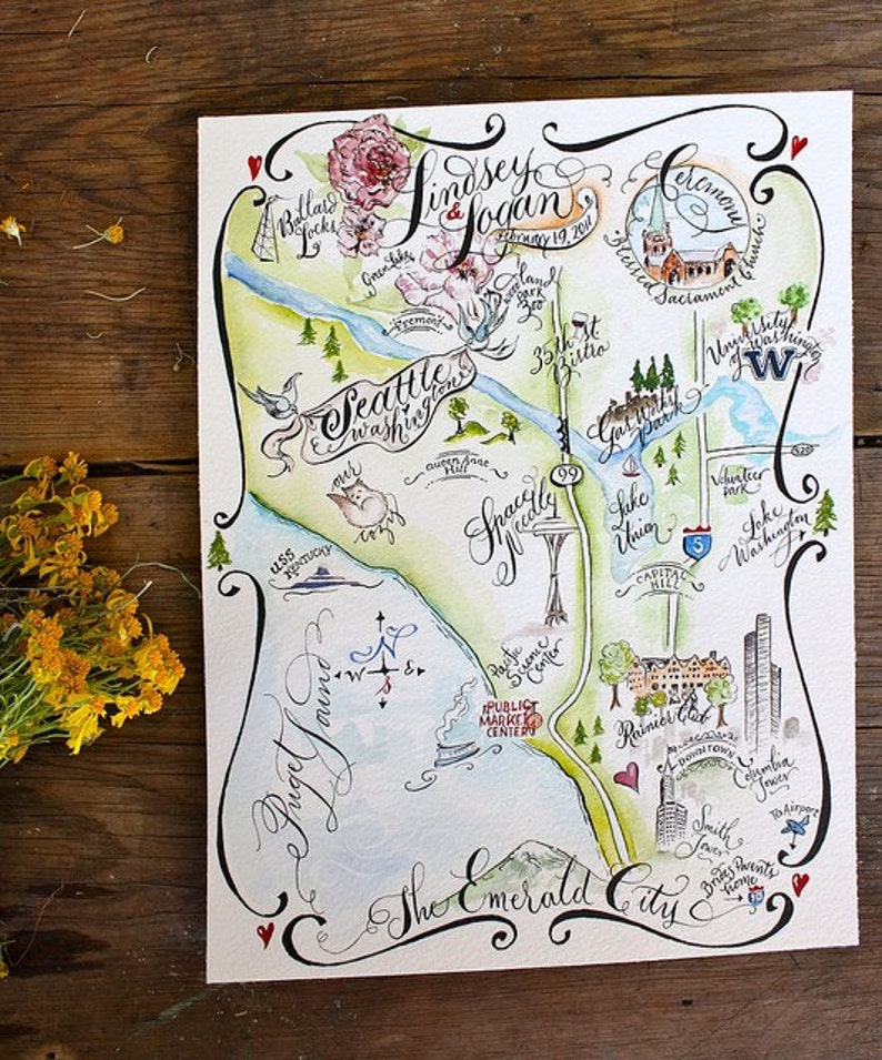 Wedding Map Watercolor, Wedding Map Invitation, Map Illustration, Custom Map, Watercolor Map, Calligraphy Map image 2