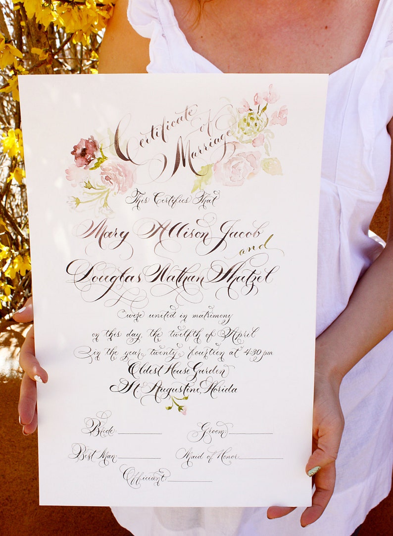 Marriage Certificate, Wedding Certificate, Custom Calligraphy, Watercolor Design image 2