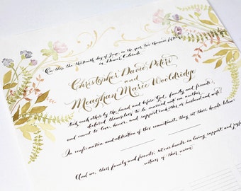 Puede incluir: Un certificado de matrimonio en papel blanco con elegante caligrafía dorada e ilustraciones florales en acuarela en tonos verde, amarillo y morado. El documento incluye nombres, fechas y detalles de ubicación con líneas para firmas al pie.