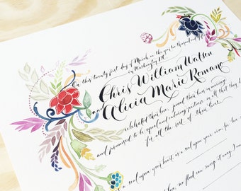 Wedding Guestbook, Marriage Certificate, Custom Calligraphy and Watercolor