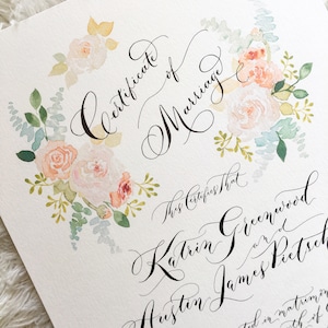Heiratszertifikat, Hochzeitsurkunde, moderne Kalligraphie, benutzerdefinierte Heiratsurkunde, Quäkerhochzeit, Ehe-Andenken, handgemacht