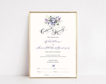 Wedding Certificate, Marriage Certificate, Narwhal, Purple Wedding, Unicorn, Lavender, Lilac, Custom, Calligraphy, Hand Lettering, 2024