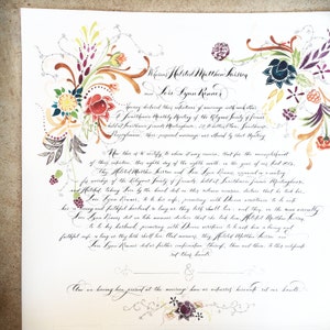 Individuelle Hochzeitsurkunde, Quäkerhochzeit, Kalligraphie und Aquarell, Ketubah, Volkskunst, Fraktur Hochzeit, Floral, Art Deco, Andenken