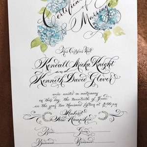 Marriage Certificate, Wedding Certificate, Custom Calligraphy, Watercolor Design image 5