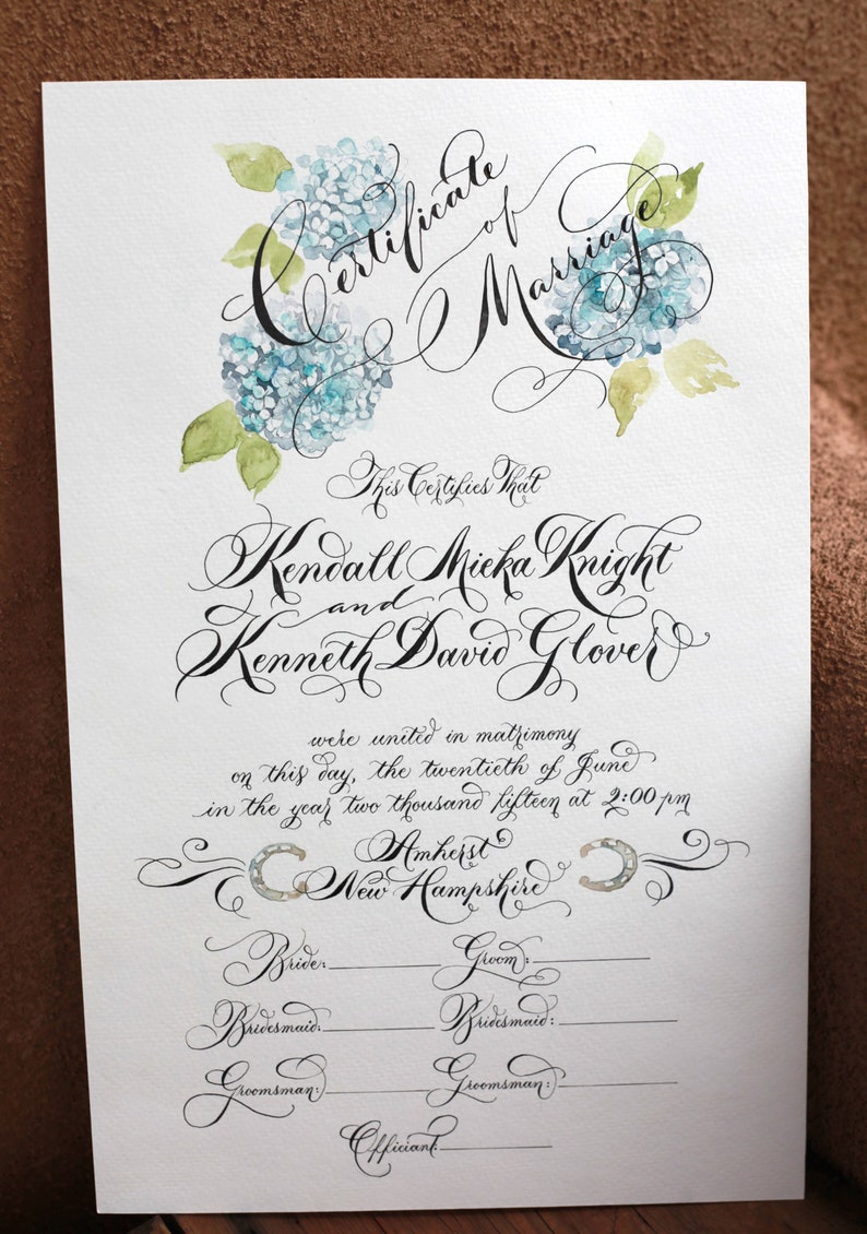 Marriage Certificate, Wedding Certificate, Custom Calligraphy, Watercolor Design image 5