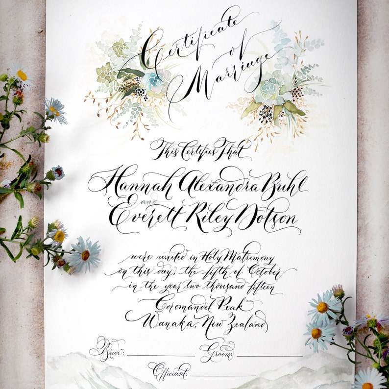 Marriage Certificate, Wedding Certificate, Custom Calligraphy, Watercolor Design image 4