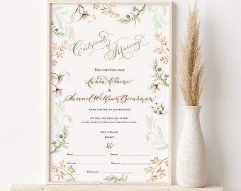 Wedding Certificate, Marriage Certificate, Olive Branch, Country Wedding, Cotton, Cowgirl, Watercolor, Calligraphy, 2024