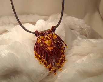 Beadwork Pendant with Fringe on Adjustable Leather Cord Necklace