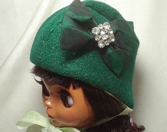 Green Cap for Blythe Vintage Ribbon Bow and Rhinestones