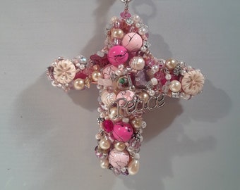 Blush of Peace Beaded Art Cross Sculpture Ornament