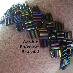 May include: A close-up of a black and iridescent beaded bracelet with the text "Double Entrelac Bracelet".