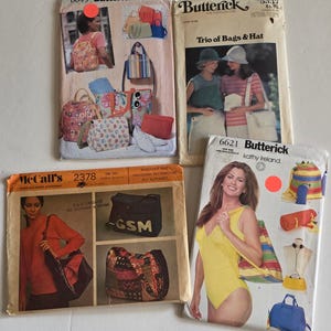 May include: Collection of vintage sewing patterns for bags and hats. The patterns feature various bag styles, including shoulder bags, backpacks, and totes. The covers showcase illustrations of the finished products, with some featuring models.