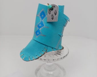 Handmade Small Ornament High Top Soft Sky Blue Leather Moccasin Boot